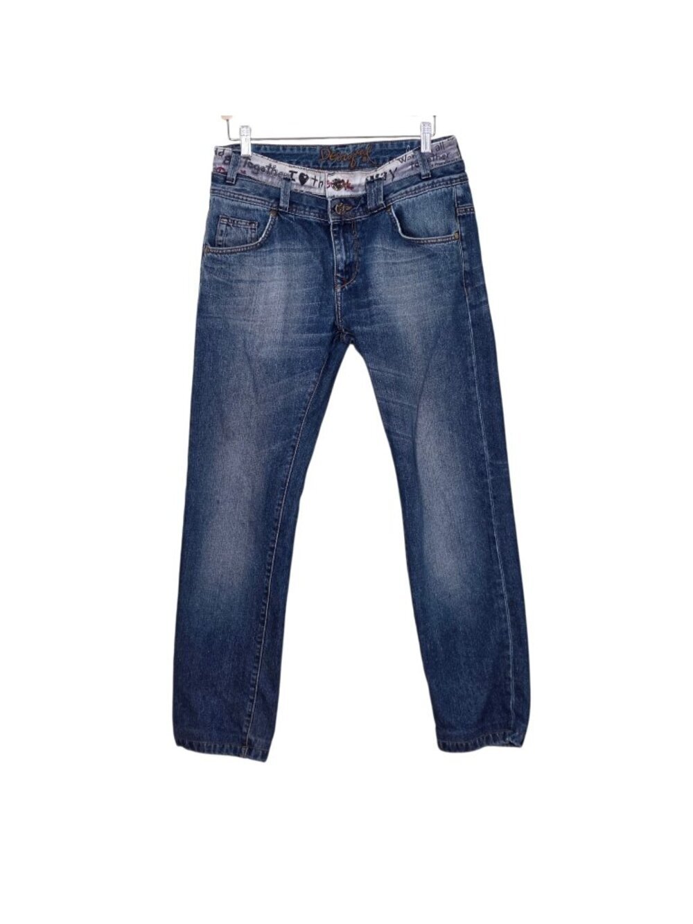 Desigual Jeans Regular Fit Men 32x30 Blue Graphic Waistband Spellout Big Logo